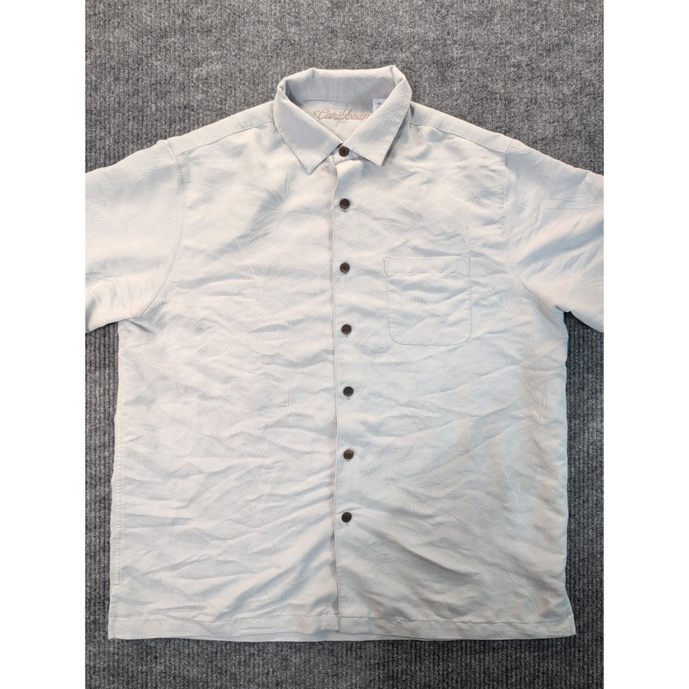 CARIBBEAN Men's Short Sleeve Button Up XL Tonal Leaf Pattern